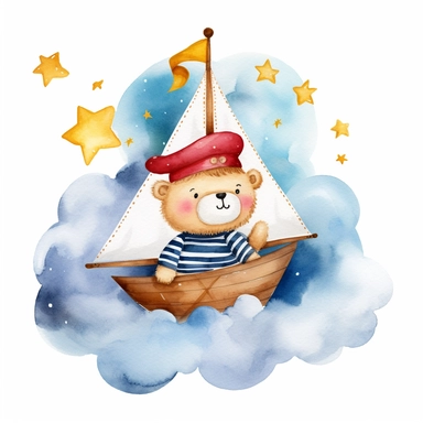 dreamy night sky clouds and a swarm of golden stars. a cute plushie sailor bear in a blue and white striped shirt and a sailor hat and a small red bowtie, in a wooden sailboat with a white sail, sailing on fluffy clouds, not sea. prominent visible brush strokes, watercolour texture, watercolor clipart png on white background