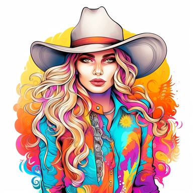 Cowgirl, style by Lisa Frank, watercolor, smooth gradients, black contour outline, ultra detailed, clipart elements, vibrant colors, solid white background, super clear, high quality