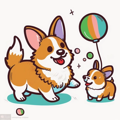 a cute cartoonish clipart of a mommy corgi playing with her baby, by Kasia Rogowska, with a white background and a bright and colorful color palette. The mommy corgi is teaching her baby how to play fetch with a ball, and the baby corgi is bouncing happily after the ball. The clipart has a dynamic and energetic style, with lively lines and fun patterns that make it really pop.