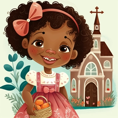 Happy Black Girl Smiling on Easter Sunday , in front of a church , easter basket , Easter art, funny black girl clipart, Funny black girl , Frilly Easter Dress , Ribbion in Hair, Cheerful african american girl child png, clipart, afro ,Full body with legs , Cottage core , Love shack Fancy, Highly detailed close-up portrait , standing , Nicoletta Ceccoli, Mark Ryden, lostfish, Earl Nor, global lighting, divine rays, detailed and intricate surroundings, sf, intricate artwork masterpiece, ominous, 