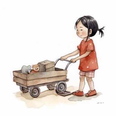 5-year-old sad Asian girl pulling a Radio Flyer wagon , watercolor and ink drawing, clipart, happy, gentle smile, beautiful watercolor ink wash coloring, thick pencil lines, Jon klassen, Adrian tomine, popular on etsy, watercolor illustrations clipart, watercolor illlustrations for kids and children, book illustrations, plain white background