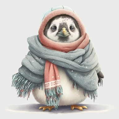 Cute christmas fluffy baby penguin with scarf in snow , white background, Clipart, children illustration