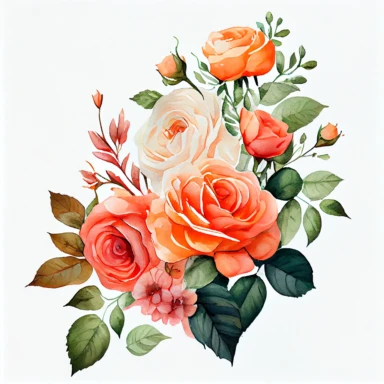one bouquet arranged roses watercolor clipart, the colors are Apricot Orange and Bubblegum Pink arranged clipart, watercolor, 8k, white blank background