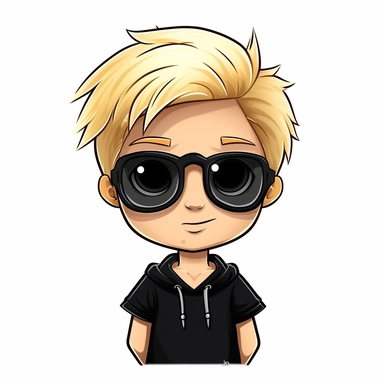 simple clipart cartoon of a boy with blond hair and sunglasses, wearing a plain black T-shirt with arms crossed on a white background