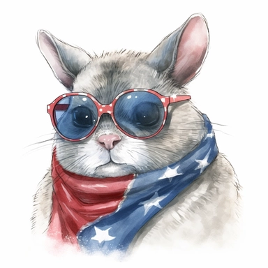 Chinchilla, wears American flag scarf and sunglasses, closeups shot, low angle, watercolor style, hyper-realistic animal illustrations, 2d game art, quadratura, clipart, on white background,
