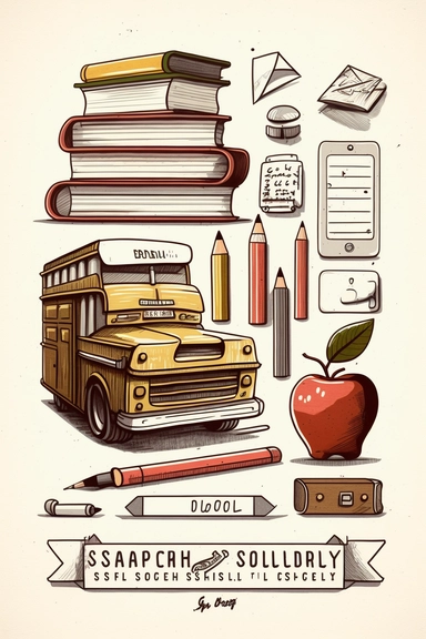 Hand-drawn illustration of School teacher elements, clipart, Apple, stapler, school desk, pencil sharpener, stack of school books, high school letter jacket, School Bus, digital art, hd, white background, clean line art,