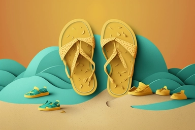 flip flops on the beach clipart, in the style of minimalist backgrounds, rendered in cinema4d, light teal and dark yellow, installation creator, smokey background, nostalgic scenes, cardboard