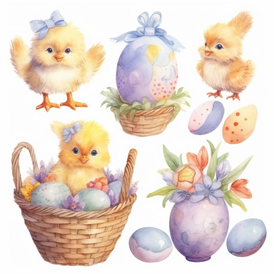 watercolor, cute set of easter eggs, baby chicken, eggs, basket with eggs, stickers, clipart on white background, pastel colors, pencil textures, with a white background