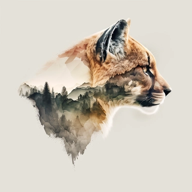 double exposure shot, profile of a Cougar head filled with mountains forest landscape,white gray tawny black fur, character design, half realisitic with intricate details half geometric, clipart isolated on white background
