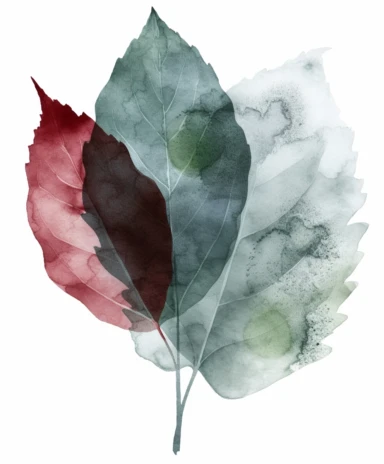 watercolor clipart illustration of a leaf green and grey, in the style of meticulous design, minimalistic serenity, light turquoise and dark white, oil paintings, dark green and light crimson, naturalistic poses, imitated material