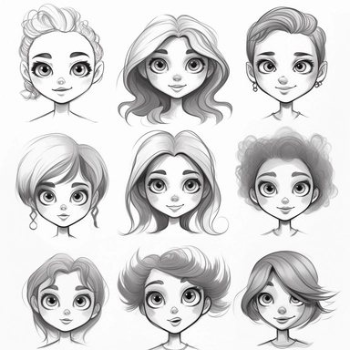 types of girl face cliparts printable, in the style of cute and dreamy, dynamic and expressive animations, pencil sketch
