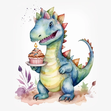 High resolution, cute dinosaur holding birthday cake, watercolor clipart, completely white background