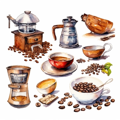 Coffee clip art, coffee beans makers takeaway drawings in watercolour stye and clip art style