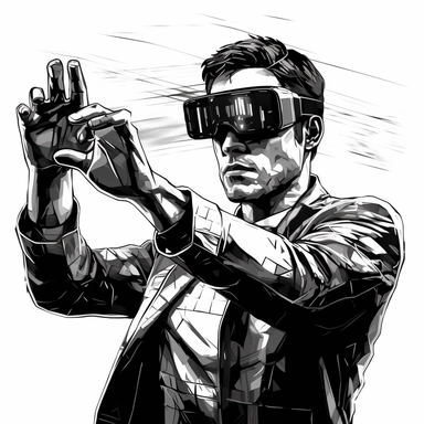 clipart, outlook future scenario, guy with vr glasses, futuristic, transparent background, black and white
