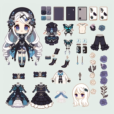 character sheet, knoling, clipart, inventory catalog, cute chibi character, kawaii, beautiful young girl, long white hair, Gothic, seahorse dress, coral hair ornament, scale accessories, coral heels, vertical striped tights , butterfly specimen, blue rose, stuffed wolf