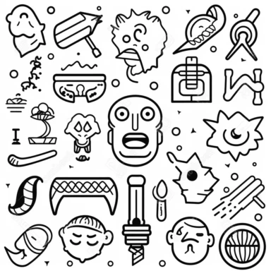a set of black line clipart inspired by fast food and vampires and muppets and Funko Pop toys