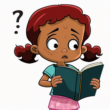 a cartoon clipart image featuring a cute eight-year-old African-American girl reading a book, on a plain white background. She should standing be with the book open in one hand, and stroking her chin in confusion with the other hand. Her facial expression should be slightly exaggerated and comical, conveying a sense of bewilderment as she tries to understand what she is reading. Make the image colorful and engaging.