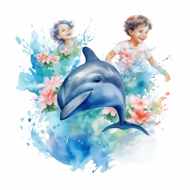 watercolor boys and girls swimming with dolphins, roses clipart on white background