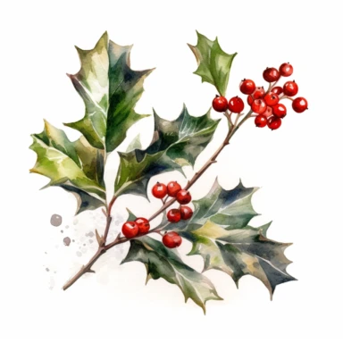 Watercolor, clipart, Christmas howcasing sprigs of holly leaves with vibrant red berries, on white background, space out ar 3:2