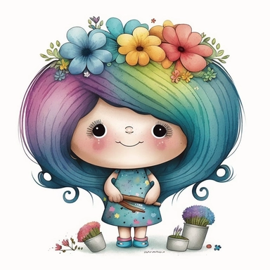watercolour cute hairdresser style rainbow little troll girl, hairdresser, hairstylist troll character, holding scissors, hair brush, hairdryer, whimsical, adorable, cute, flowers, full image, big cute adorable eyes, Clipart style, white background