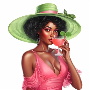 Pretty black woman, Sun Straw Hat Wide Brim Summer Beach Hat, pretty, holding a cocktail drink, pink and green outfit, 4k, hd, clipart, sticker, fantasy style