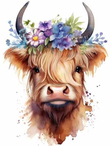 watercolor cute baby highland cow with flower crown and blue flowers floral bouquet, white background, children book illustration, 8k, ultra detailed clipart, warm colors