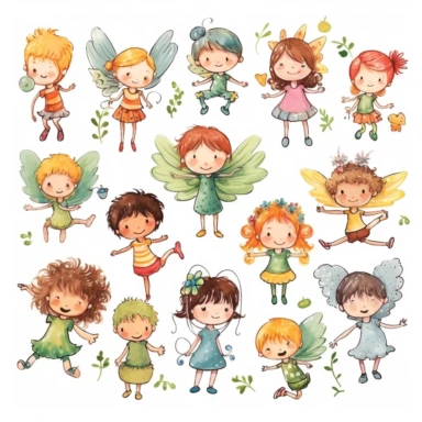 a delightful clipart featuring children and fairies playing and having fun against a clean white background. Capture the magic and joy of childhood with vibrant colors and lively expressions. Show children and fairies engaged in playful activities like dancing, flying, and creating magic. Design a versatile clipart suitable for crafts, invitations, and decorations. Celebrate the enchantment of childhood and the magical connection between children and fairies. Let your artwork inspire imagination
