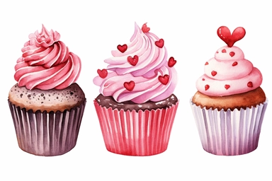 red and pink decorated valentines day cupcake, hearts, watercolor clipart