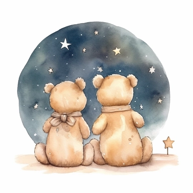 hand drawn pair of teddy bears back facing sitting together looking up at the night sky and the moon and stars, for a nursery, celestial accents, pastel shades, glamorous, watercolor, white background with margins, clipart style