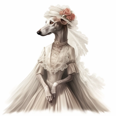 Graceful Greyhound adorned in a flowing Victorian-inspired dress, featuring intricate lace details and a decorative ribbon. Against the pristine white background, this regal hound showcases the beauty and refinement of Victorian fashion. Clipart, watercolor, white background, intricate detail, unreal engine cinematic smooth. Realistic rendering