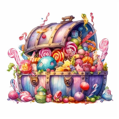 Fairytale style beautifull chest full of colorful gums and candies in the candyland with watercolor effect,candyland scene,candies,fantasy style,realistic features,vibrant colors,suitable for digital clipart,white background