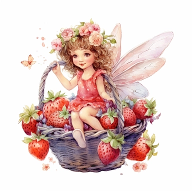 hand drawn cute fairy flying with a basket of strawberries, with blossoms, coquette style, glamorous, watercolor, white background with margins, clipart style