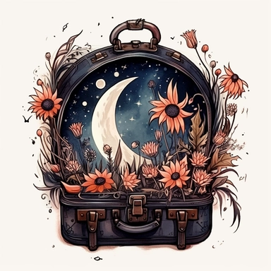 creepy magic suitcase with flowers growing out of it crescent moon and stars clipart, detailed, white background, illustration painting, collaged constructions, digital art, watercolor, in the style of sculptural and geometric, forced perspective drawings, Geometric brushstrokes form an intriguingly abstract, in the style of dark fantasy, creepy frightening repulsive images, frightening, painterly figure, by Pablo Picasso, by Wassily Kandinsky, by Zdzisław Beksiński