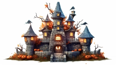 isolated images, illustrations on a white background, heavy armored castle walls exterior, halloween theme, pumpkins, spiders, witches, serene, dark fantasy ,Clipart, cartoon, realistic, isolated, full building, highly detailed, hdr, 32K, photo expert quality,game asset , hyperrealistic and highly detailed, isolated on a white background, Screenprint
