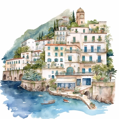 The Amalfi Coast, Italy, watercolor Clipart, watercolor Sublimation graphics, hand drawn illustration by katie daisy, Watercolor clipart, single design, single object, print on demand image, PNG transparent background, white background for removing background - - no text shadow font watermark, 8k