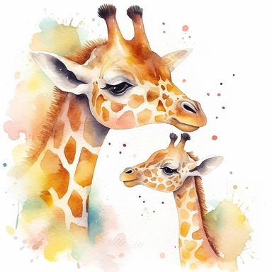 cute mom and baby girraffe kissing each other watercolor clipart