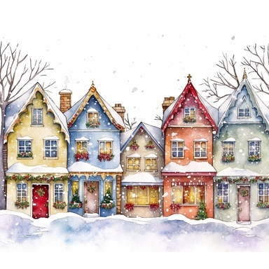 Christmas village, cute and small houses in a row, Clip art, magical, enchanting, wreaths, snow-covered streets, Watercolor, colorful buildings, sparkling, charming, detailed, glittery, shiny, twinkling lights, festive, ornate, traditional, whimsical, Mic