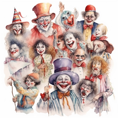 hand drawn vintage circus clowns acting silly , glamorous, soft, detailed and realistic, watercolor, clipart style, white background with margins