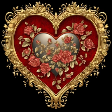 large decrative heart with gold embossed detail, surrounded by red roses, beautiful detailed artistic clipart border