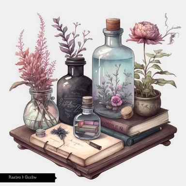 Light academy, old wooden shelf, potion bottle, bottle, grass, books, diary, glass with brushes, candles, vase, pink and white peonies, pink, white, light blue, purple, pastel colors,clipart on a white background, an illustration of by Annabel Kidston, shutterstock contest winner, generative art, detailed painting, digital illustration, photoillustration isolated on white background, digital watercolor
