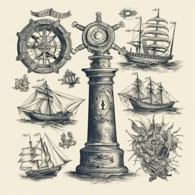 maritim symbols, vintage, clipart, 8k, high detail, white background