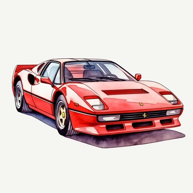 Clipart of a Ferrari 288 GTO minimal details, aquarel colored cartoon style with thick borders. Only the car. White background, no floor, no shadow