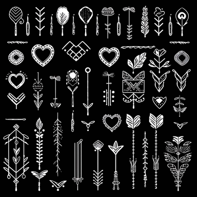 high resolution, solid black silhouettes, clip art, chalkboard drawing of arrows and hearts themed, 4k, white and black only