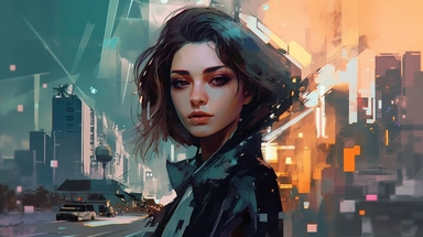 beautiful stunning pretty vintage, futuristic bladerunner style young woman, paint art style, clipart, city landscape background, superrealistic, one of a kind