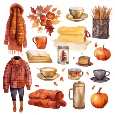 Watercolor Illustrate clipart sets featuring warm and cozy autumn essentials like sweaters, scarves, hot drinks, blankets, and bonfires, whitebackground
