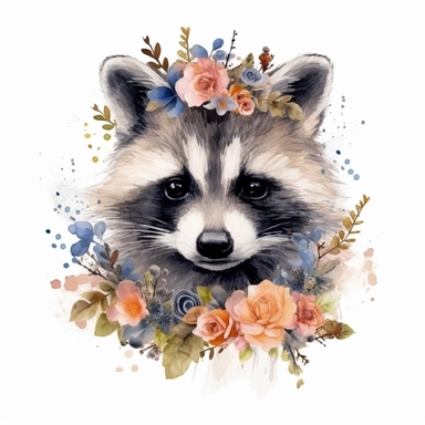 Nursery Print baby head raccoon flowers drawn in watercolor style, vector design, , Sublimation Clipart ,Cartoon,hyper realistic, intricate detail, illustration style,high solution,on the white background