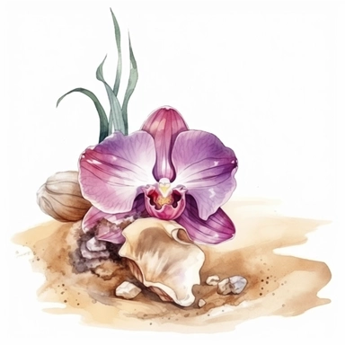 hand drawn sandy beach with a conch shell sitting in the sand, orchid bloom beside the conch shell, glamorous, clipart style, detailed and realistic, watercolor, white background with margins