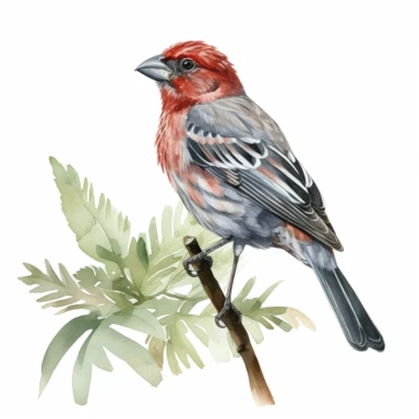 a single watercolor house finch sitting on a leafy branch clipart, hd, white background, spaced out