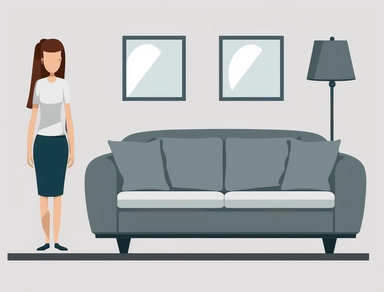 front view, clipart cartoon illustration of a woman standing next to the side of a full view grey sofa, grey sofa in full view, white dress, black shoes, solid white wall in background, carpet on floor, table, clipart illustration, vector image, flat colors, on solid white background, isolated on solid white background