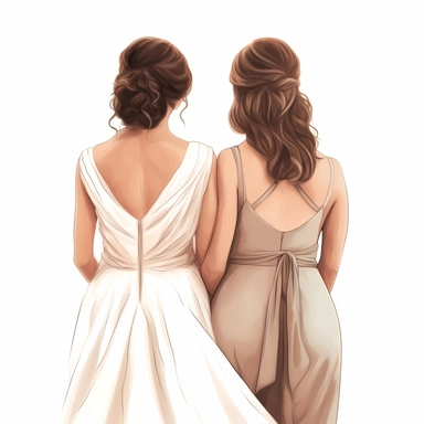 clipart of a bride and bridesmaid from behind, soft drawn, bride wearing a white of the shoulder dress and the bridesmaid wearing a champangne colour dress, both with brunette hair